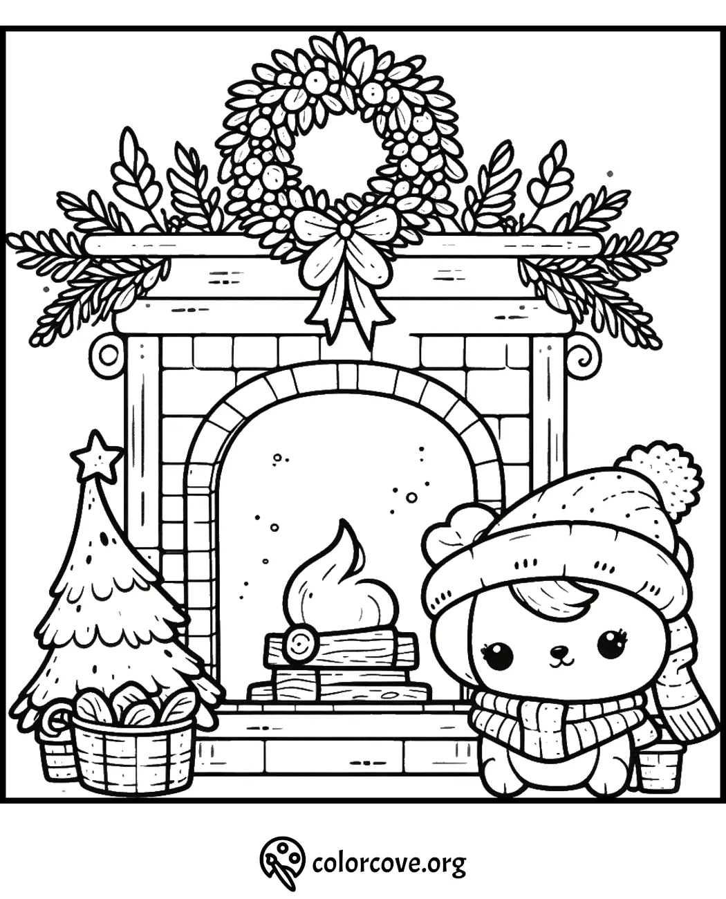 Cute winter scene coloring page with fireplace, wreath, Christmas tree, and cozy animal in hat and scarf. Perfect for kids.