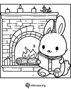 Cute bunny reading by a cozy fireplace with candles, perfect coloring page for relaxation and creativity.