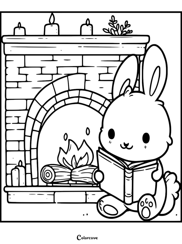 A cute cartoon bunny reading a book in front of a brick fireplace with logs, flickering flames, and decorative pillar candles in this printable coloring page.