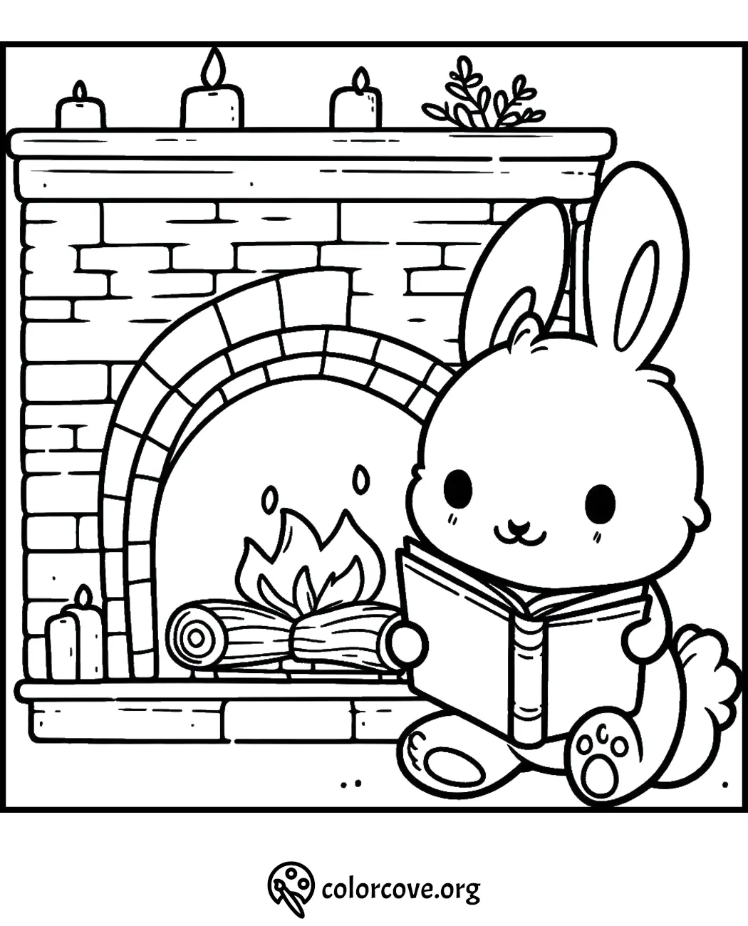 Cute bunny reading by a cozy fireplace with candles, perfect coloring page for relaxation and creativity.