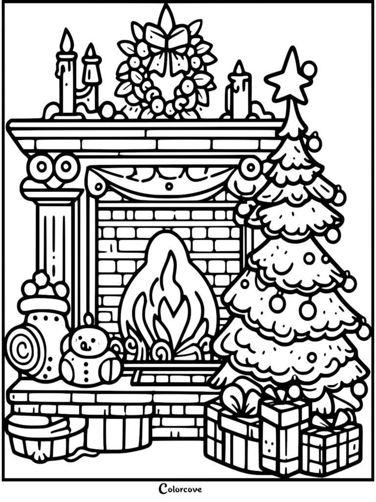 A festive cozy fireplace coloring page featuring a brick hearth with a roaring fire, candles, a holiday wreath, a decorated Christmas tree, and wrapped gifts.