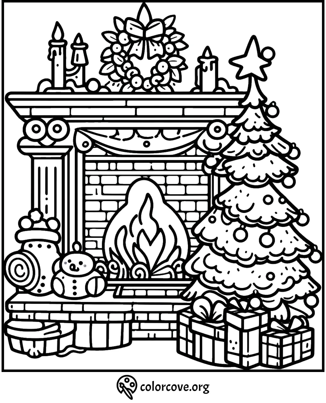 Christmas fireplace and tree coloring page with presents and decorations. Cozy holiday scene for kids and adults to color.