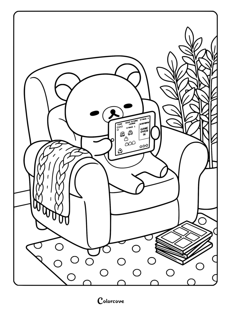 Rilakkuma sitting in a cozy armchair with a cable-knit blanket, holding a tablet displaying a game over screen, next to a potted plant and a stack of books, in this printable coloring page.