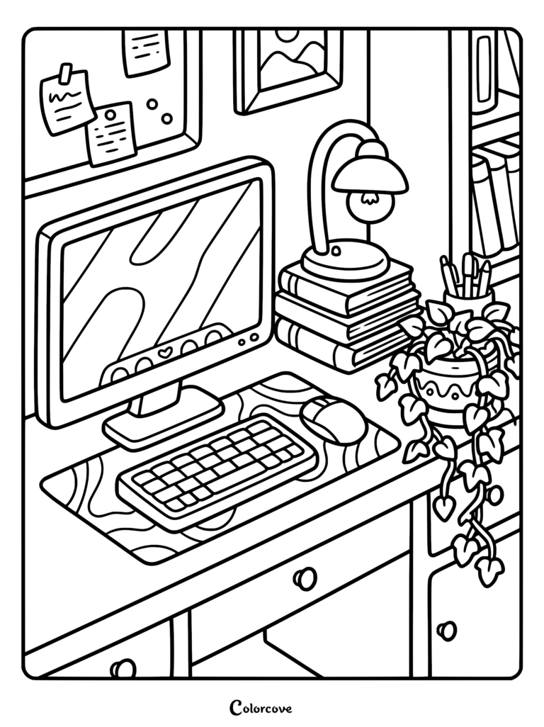 A cozy gamer desk setup coloring page featuring a computer monitor, keyboard, mouse, stack of books with a lamp, and a trailing potted plant.