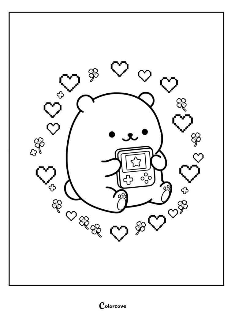 A cute round bear holding a pixelated handheld gaming console surrounded by a circular wreath of pixel hearts and four-leaf clovers in this cozy gamer coloring page.