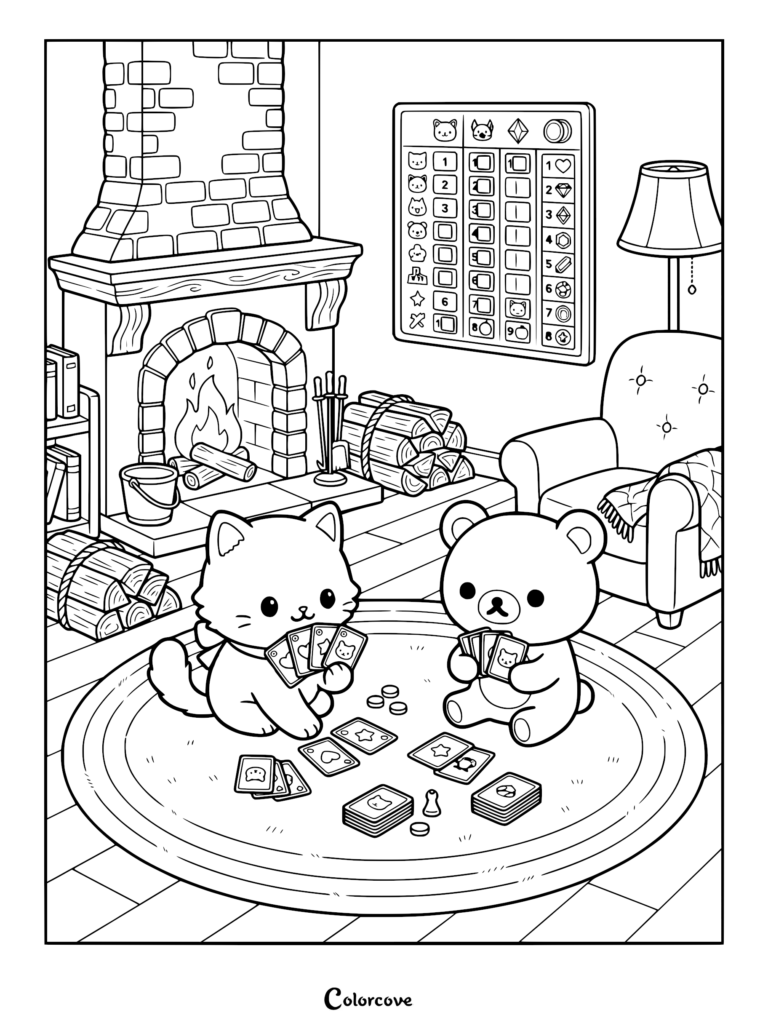 Kiiroitori and Rilakkuma playing card game on a rug in front of a fireplace, coloring page style line art.