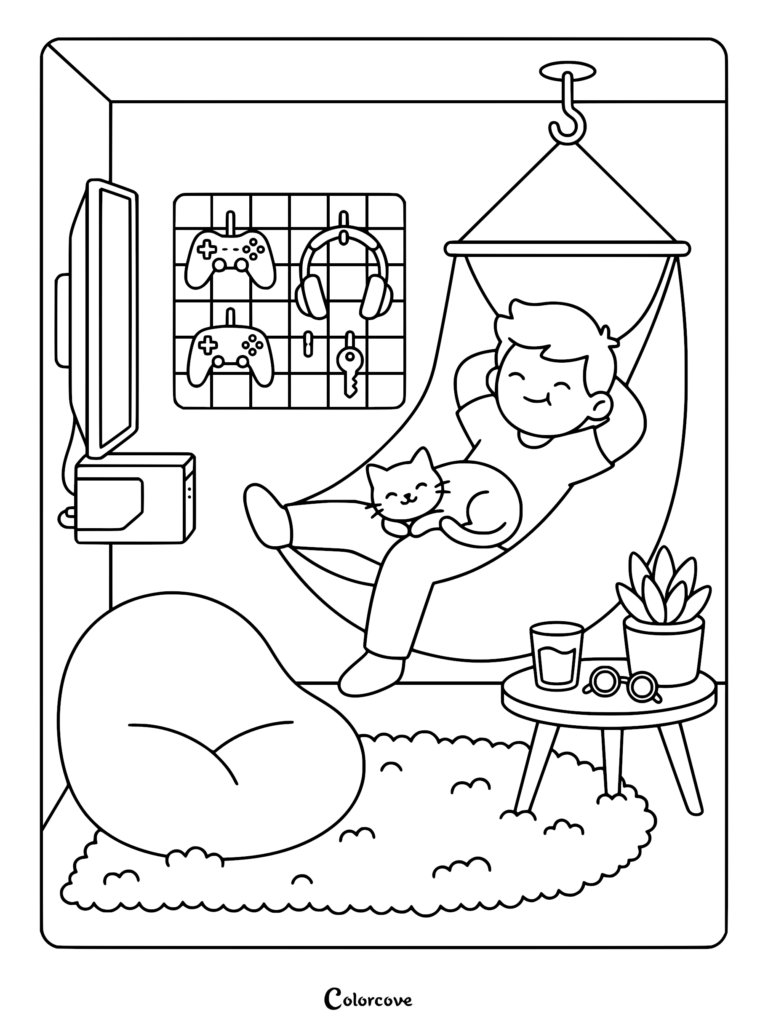A boy relaxing in a hanging hammock with a cat on his lap in a cozy gaming room with wall-mounted controllers and a beanbag chair coloring page.