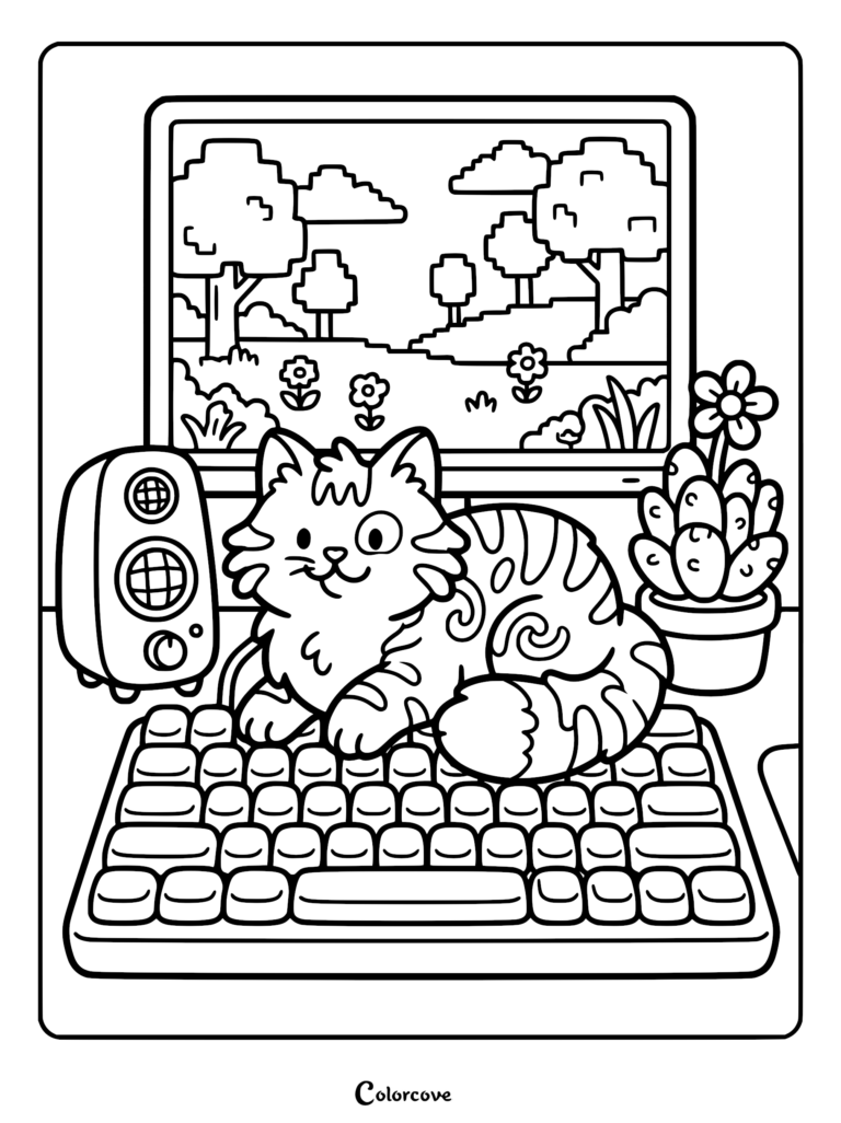 A tabby cat sitting on a mechanical keyboard in front of a pixel art landscape monitor, coloring page style.