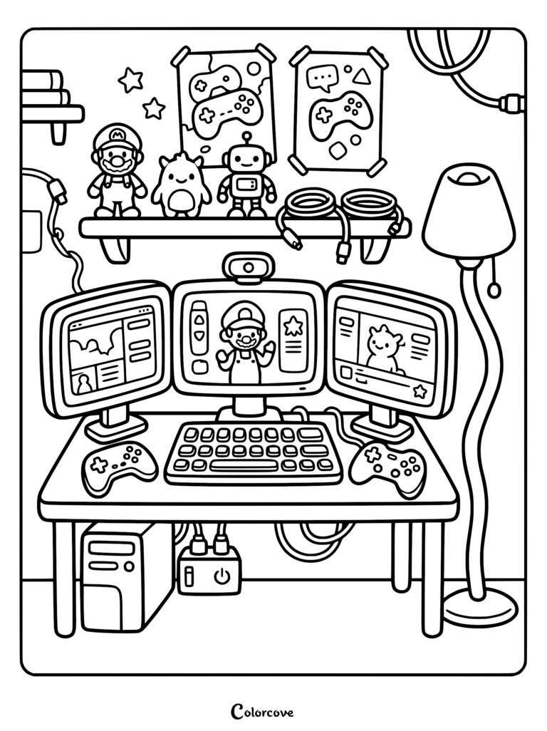 Cozy gamer desk setup coloring page featuring Mario, a robot, and a creature figurine on a shelf above three computer monitors displaying Mario and gaming interfaces.