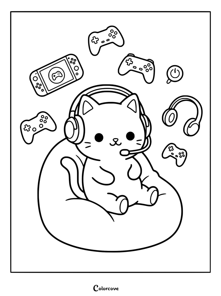A cute cartoon cat wearing a gaming headset while sitting on a beanbag chair, surrounded by floating game controllers, a handheld console, and a power button icon in this line art coloring page.