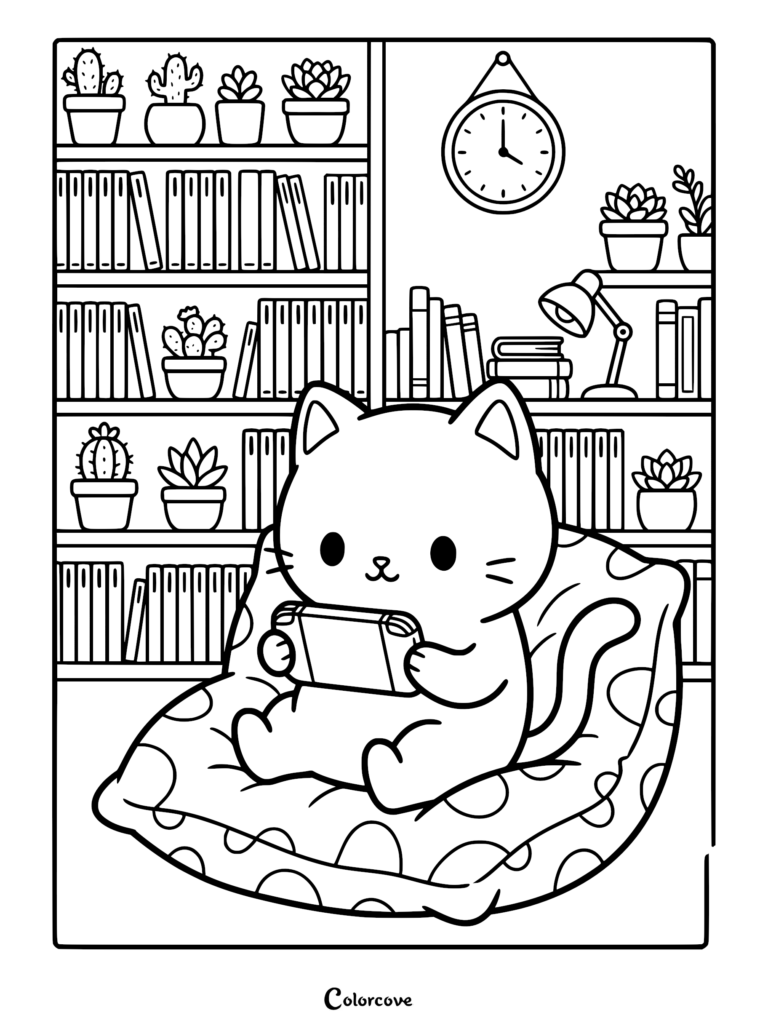 A cute cat playing a handheld console on a polka-dot beanbag chair in a room filled with bookshelves, potted succulents, and a wall clock, presented as a printable coloring page.