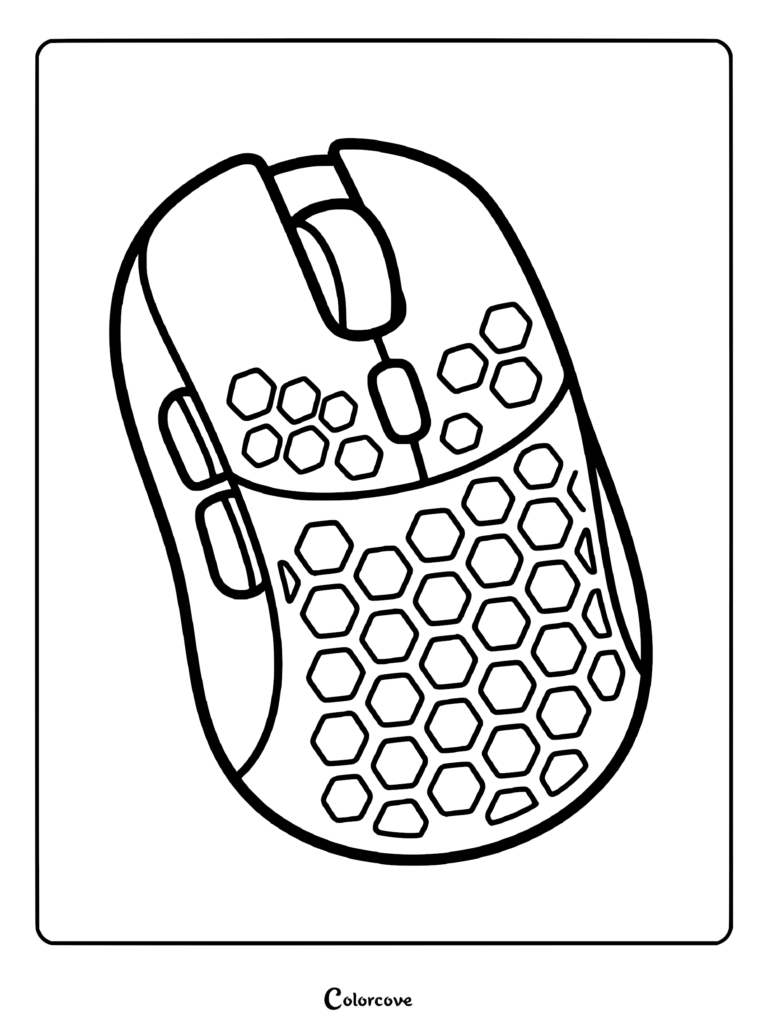 A line art coloring page of a lightweight honeycomb gaming mouse with side buttons and a scroll wheel.
