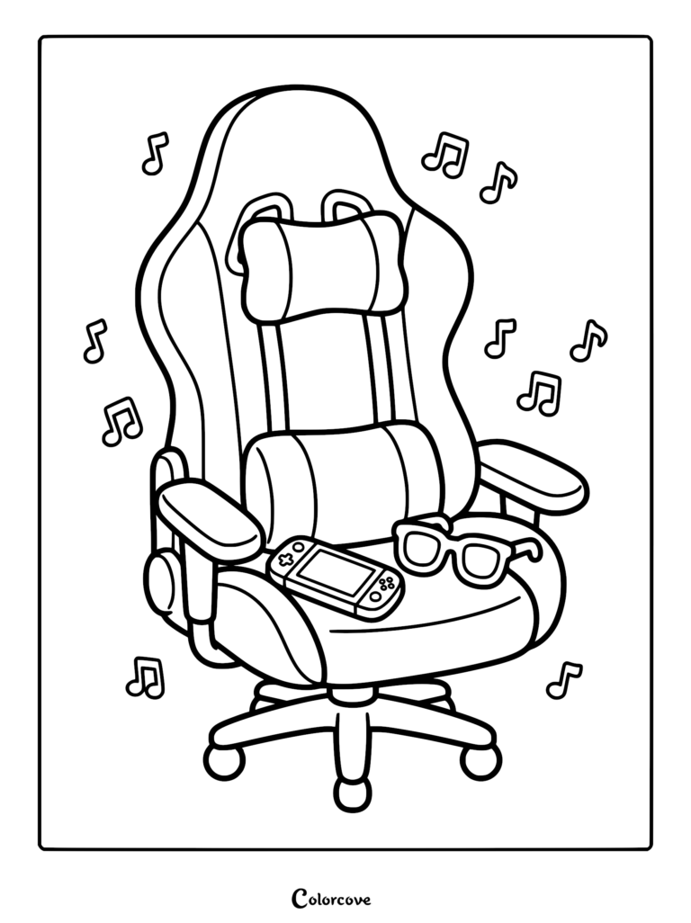 A line art coloring page of a gaming chair featuring a handheld console and glasses sitting on the seat, surrounded by floating musical notes.
