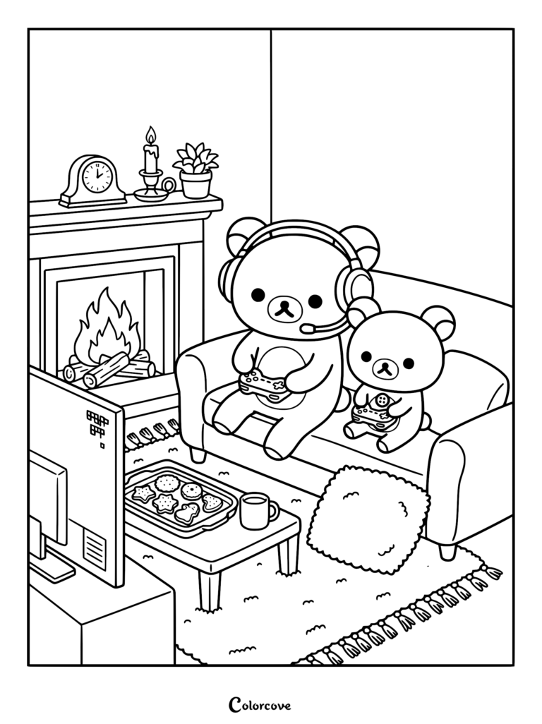 Rilakkuma wearing a headset and Korilakkuma playing video games on a couch by a fireplace in a coloring page.