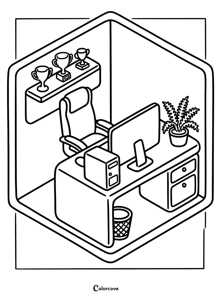 Isometric line art coloring page of a cozy gamer desk setup featuring a computer, office chair, potted plant, and trophy shelf.