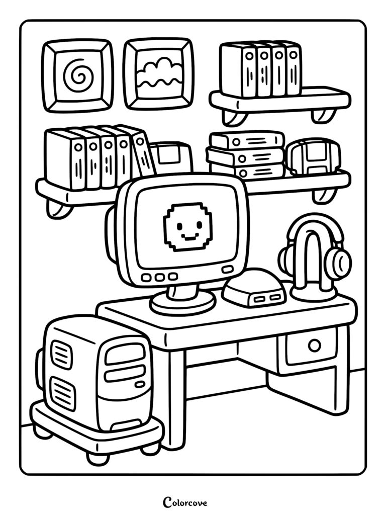 A cozy gamer aesthetic coloring page featuring a retro computer desk with a pixelated face monitor, headphones, floppy disks, and wall art.
