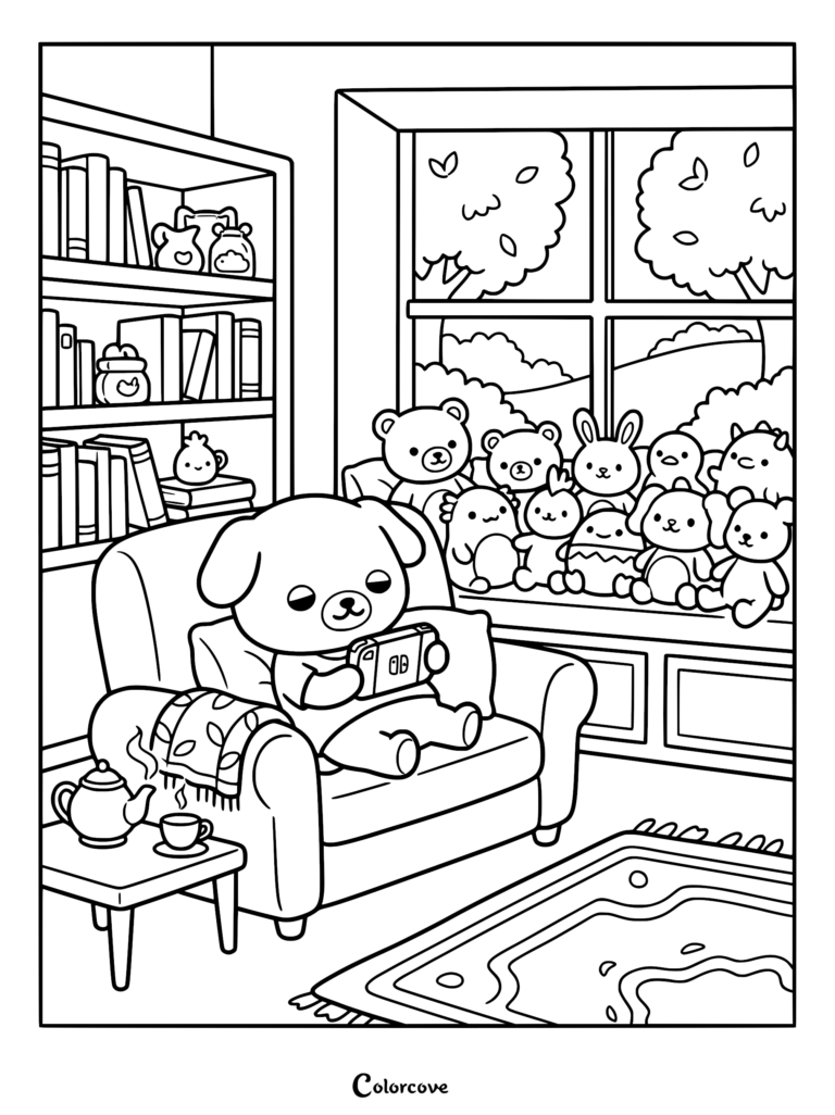A cute puppy sitting in an armchair playing a handheld console, surrounded by plushies on a window sill and a bookshelf in a cozy room coloring page.