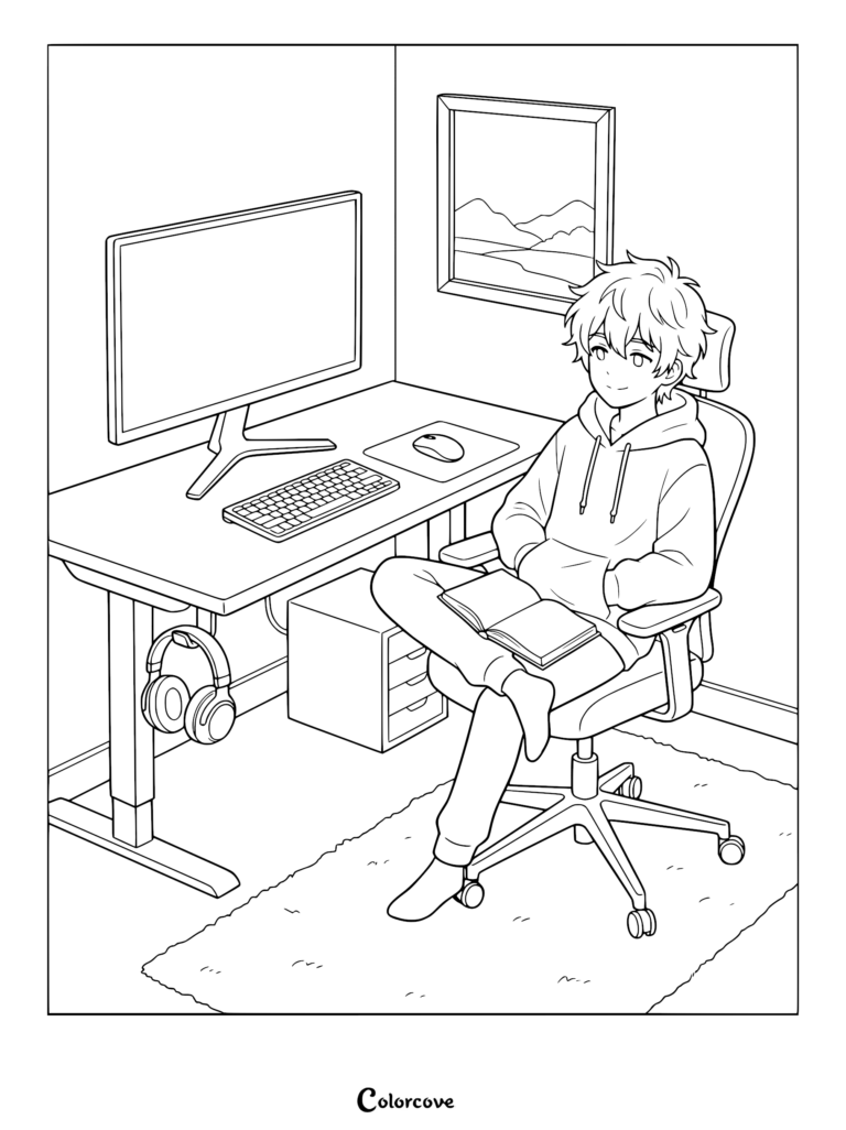 A cozy gamer boy in a hoodie sitting in an ergonomic chair reading a book at his computer desk, line art coloring page.