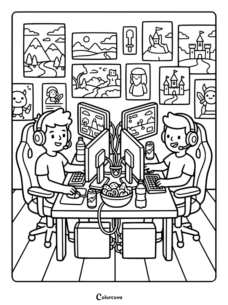 Two friends sitting at a shared desk with dual monitors, headsets, and snacks in a room decorated with fantasy art prints, line art coloring page.