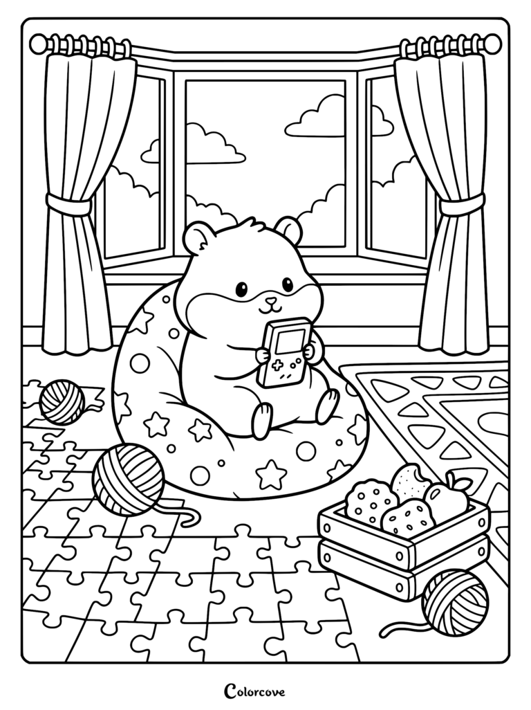 A cute hamster sitting on a star-patterned beanbag chair playing a handheld game console in a cozy room with a window, puzzle floor, and a crate of cookies, coloring page style.