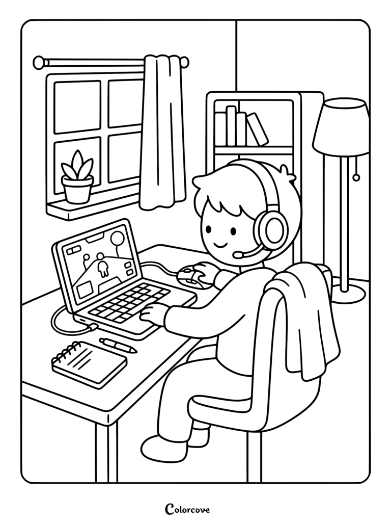 A cozy gamer boy wearing a headset playing a game on his laptop in a bedroom, printable coloring page.