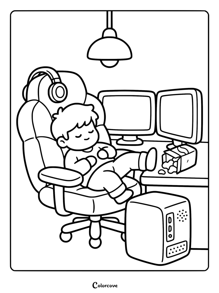 A cozy gamer coloring page featuring a boy sleeping in a gaming chair with headphones, dual monitors, and a spilled snack box.