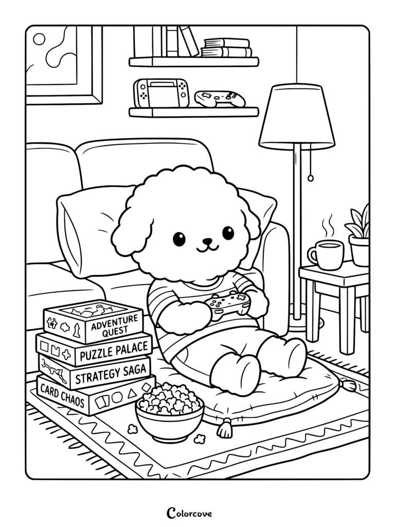 A cute fluffy puppy sitting on a floor cushion playing video games with a controller, surrounded by board game boxes and a bowl of popcorn in a cozy living room coloring page.