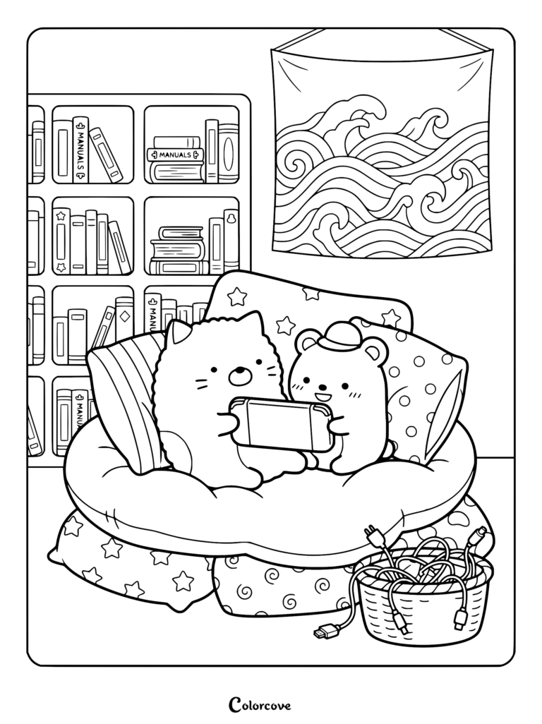 A cute cat and bear sitting on a beanbag chair playing a handheld console, with a bookshelf and wave tapestry in the background, in this cozy gamer aesthetic coloring page.