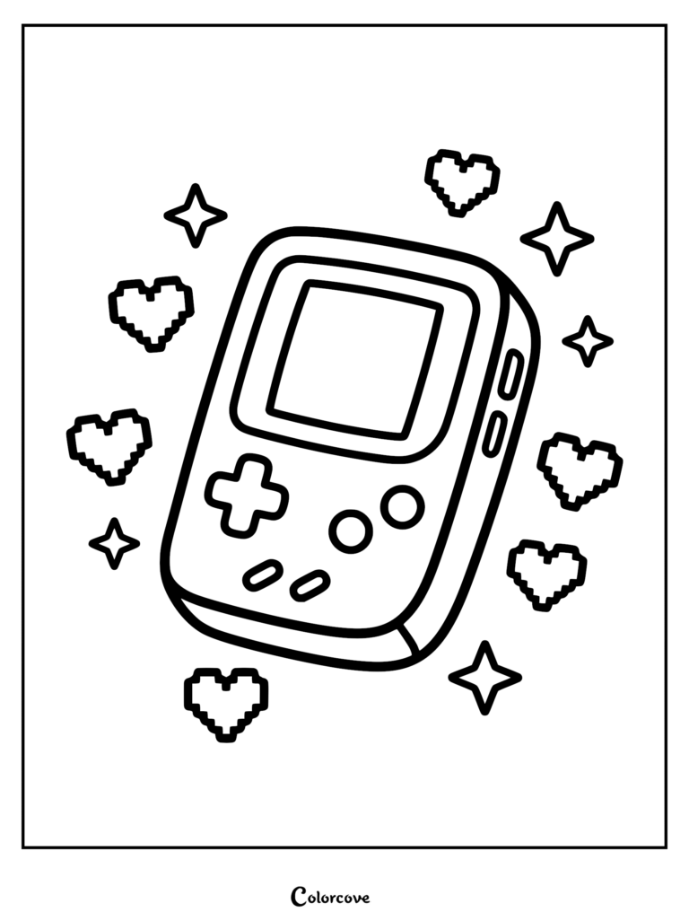 A retro handheld gaming console surrounded by floating pixelated hearts and sparkling stars in this cozy gamer aesthetic coloring page.