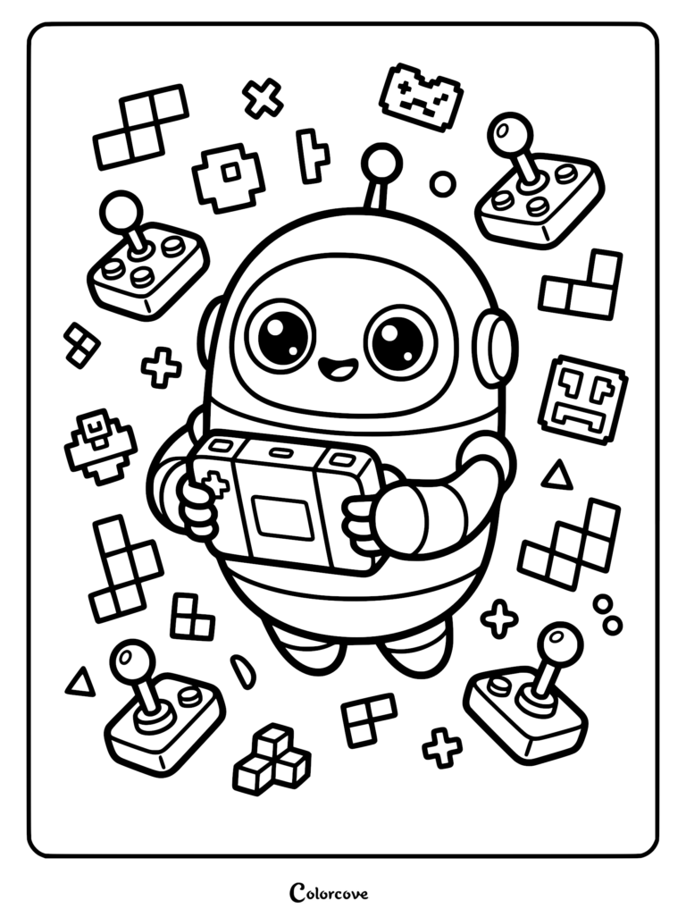 A cute round robot holding a handheld gaming console surrounded by retro joysticks and pixelated block shapes in this cozy gamer aesthetic coloring page.
