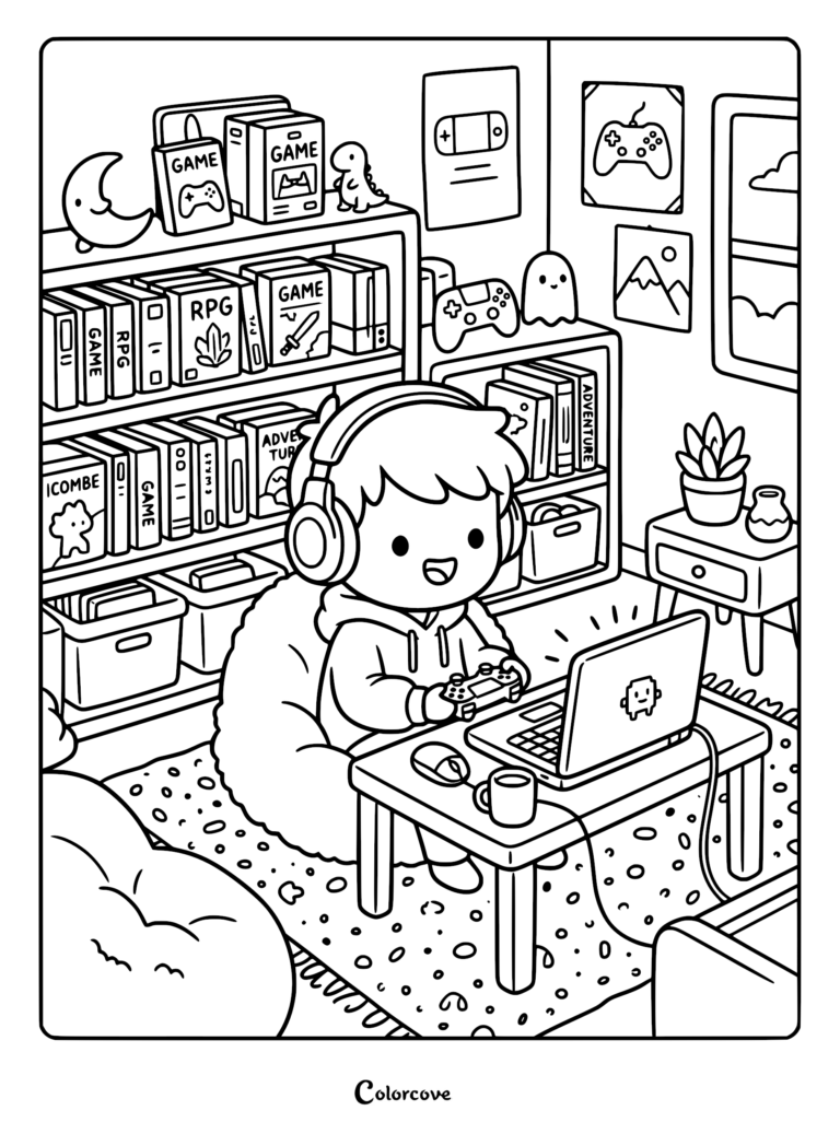 A cute boy wearing headphones sitting in a beanbag chair playing video games on a laptop in a cozy room filled with bookshelves, posters, and a small plant, presented as a black and white coloring page.