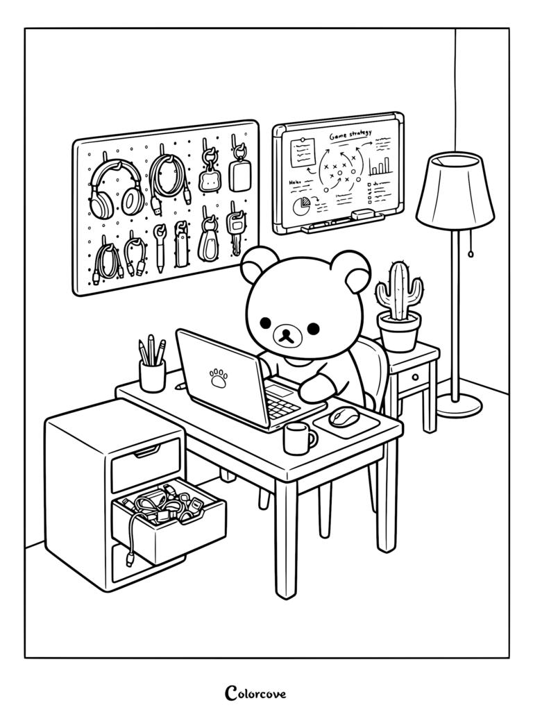Rilakkuma sitting at a desk with a laptop, pegboard, and game strategy whiteboard in a cozy gamer coloring page.