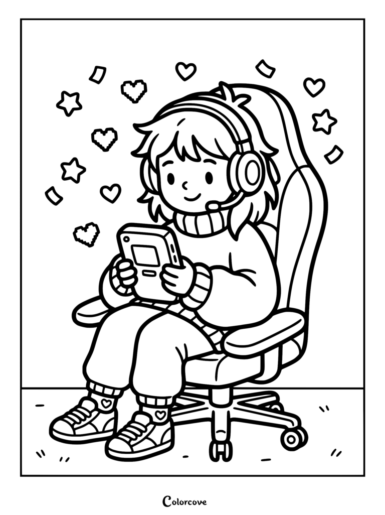 A cozy gamer girl wearing a sweater and headset sitting in a gaming chair playing a handheld console, surrounded by floating pixel hearts and stars in this coloring page.