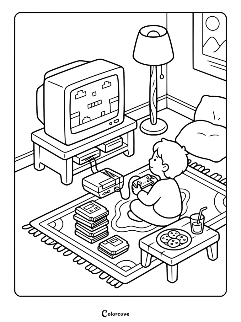 A boy sitting on a rug playing a retro console on a CRT television, featuring a stack of game cartridges and a snack table, in this cozy gamer aesthetic coloring page.