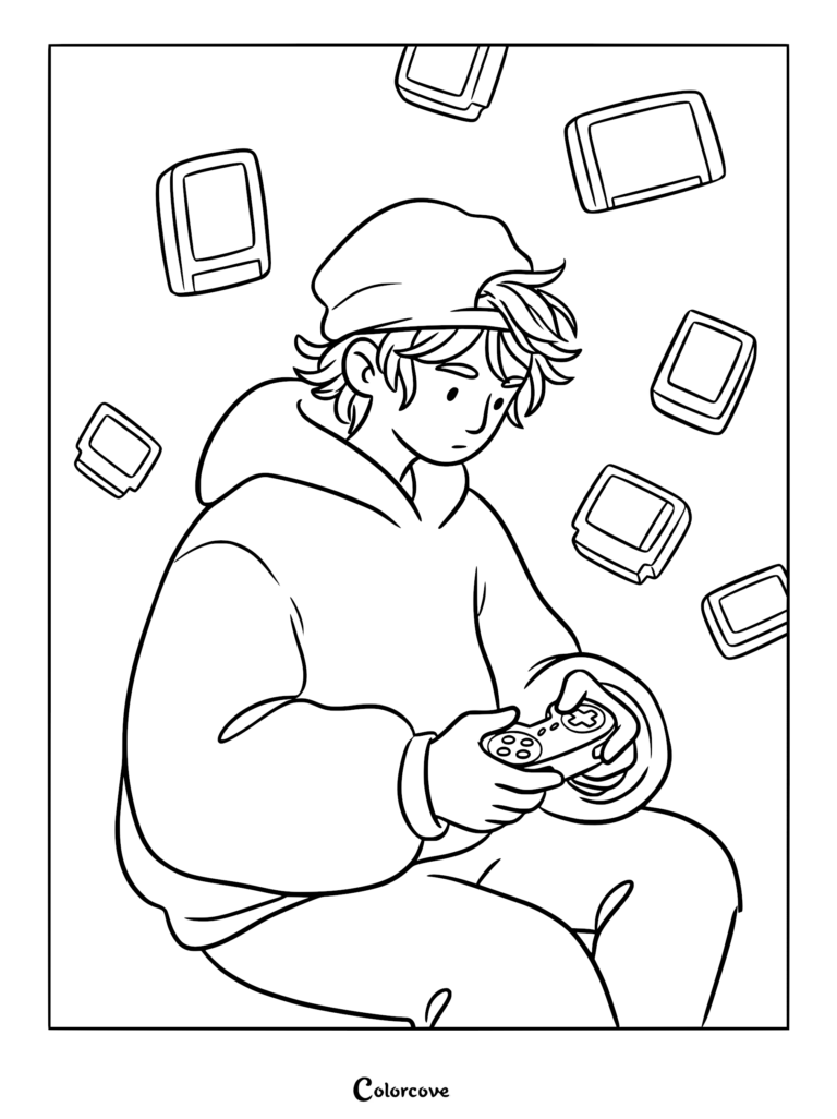 A line art coloring page featuring a boy in a beanie and hoodie playing a handheld controller surrounded by floating retro game cartridges.