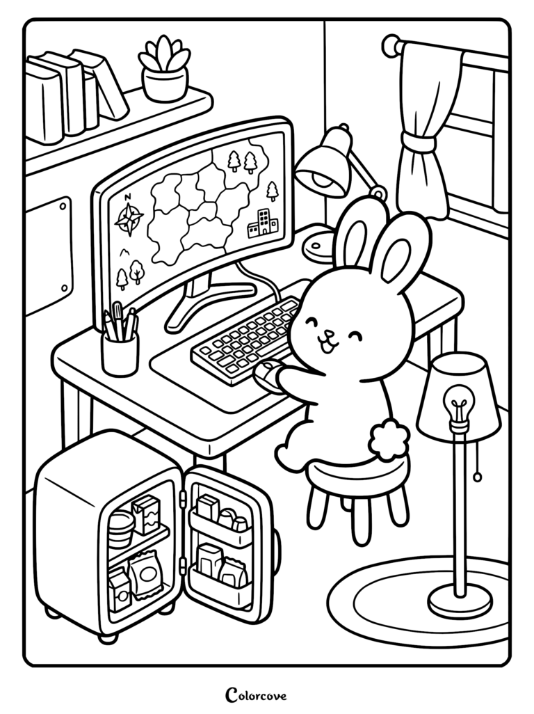 A cute bunny sitting at a computer desk playing a map game, with a mini fridge full of snacks nearby in this cozy gamer aesthetic coloring page.