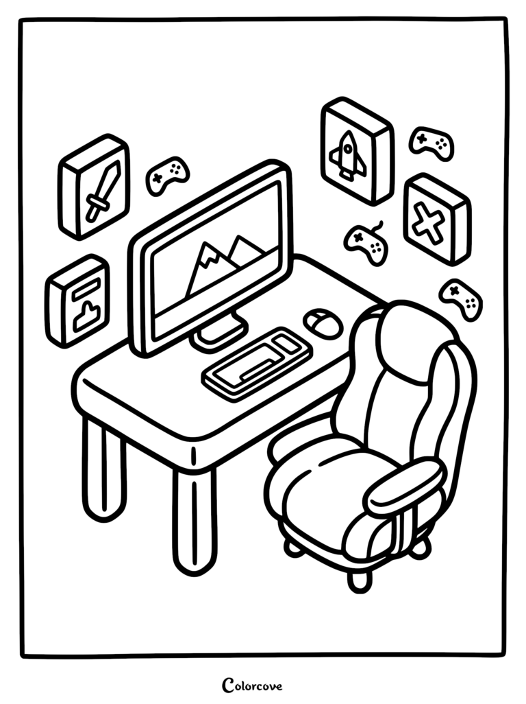 Isometric cozy gamer desk setup with computer, gaming chair, and floating icons of swords, rockets, and controllers in this line art coloring page.