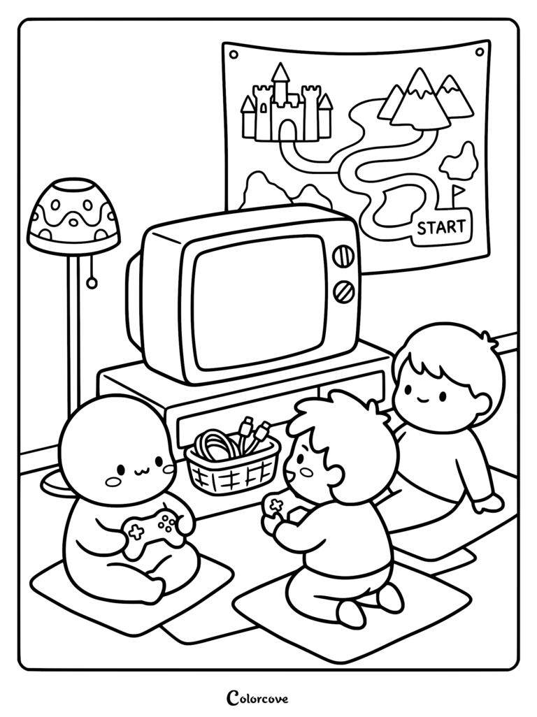 Three cute chibi characters sitting on floor mats playing video games in front of a retro TV with a fantasy map wall tapestry in this cozy gamer aesthetic coloring page.