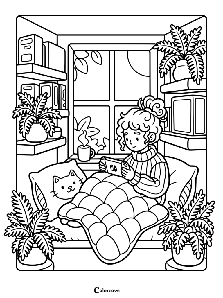 A girl with curly hair in a messy bun sitting in a window nook playing a handheld console, covered by a quilted blanket with a cat pillow, surrounded by potted plants and books, in a cozy gamer aesthetic coloring page.