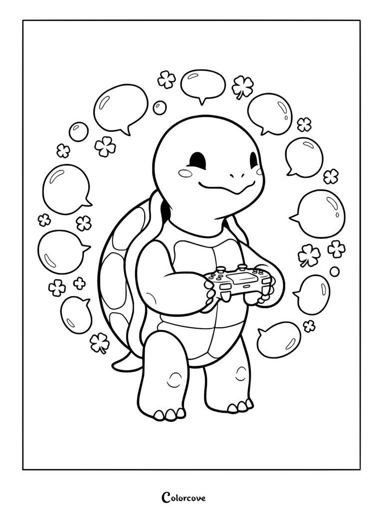 Squirtle holding a game controller surrounded by floating bubbles and four-leaf clovers in this cozy gamer aesthetic coloring page.