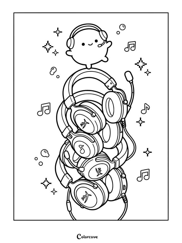 A cute round character wearing a headset balancing on a tall stack of gaming headphones surrounded by musical notes and sparkles in this coloring page.