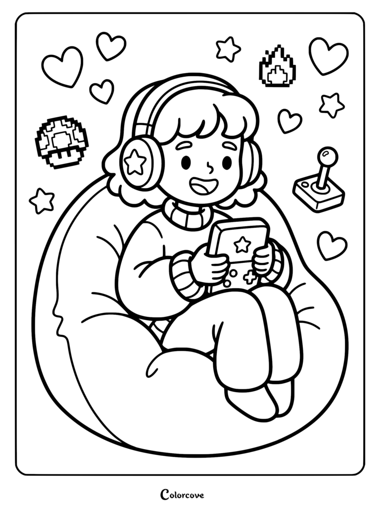 A girl with headphones playing a handheld console on a beanbag chair, surrounded by pixel art hearts, stars, a mushroom, and a joystick in this cozy gamer coloring page.