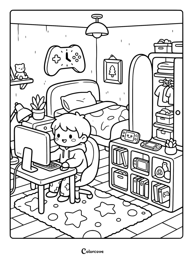 A boy sitting at a desk playing on a computer in a cozy bedroom with a star-patterned rug, controller clock, and organized shelving, presented as a line art coloring page.