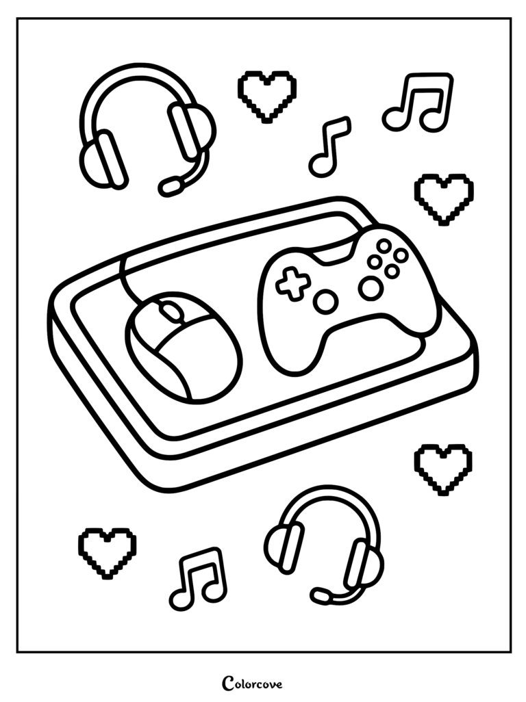 A cozy gamer desk setup coloring page featuring a computer mouse, game controller, headsets, pixel hearts, and musical notes.