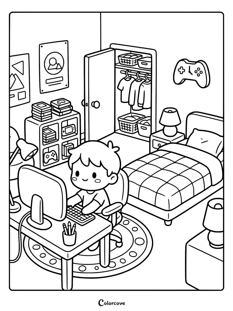 A cute boy sitting at a computer desk in a cozy bedroom with gaming consoles, a bed, and a closet, presented as a line art coloring page.