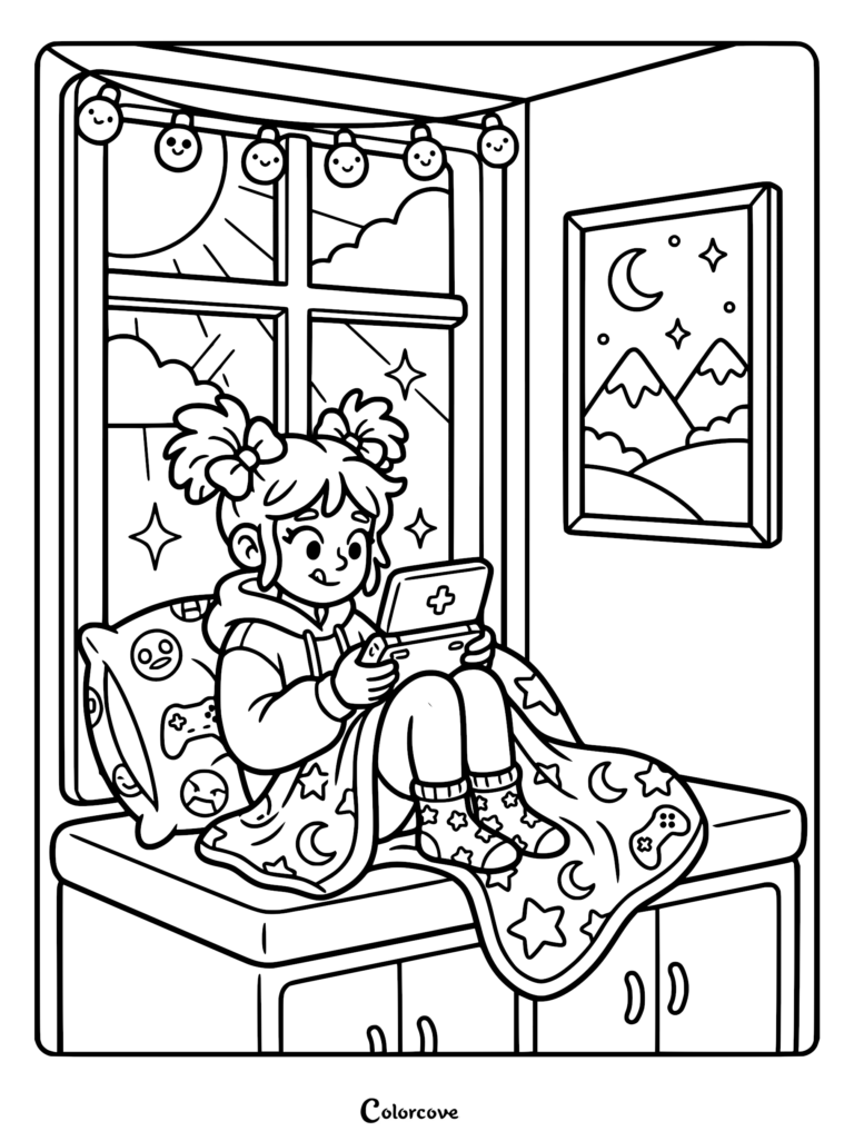 A girl with pigtails playing a handheld console on a window seat, wearing patterned socks and a blanket, in a cozy room with fairy lights and mountain wall art, coloring page style.
