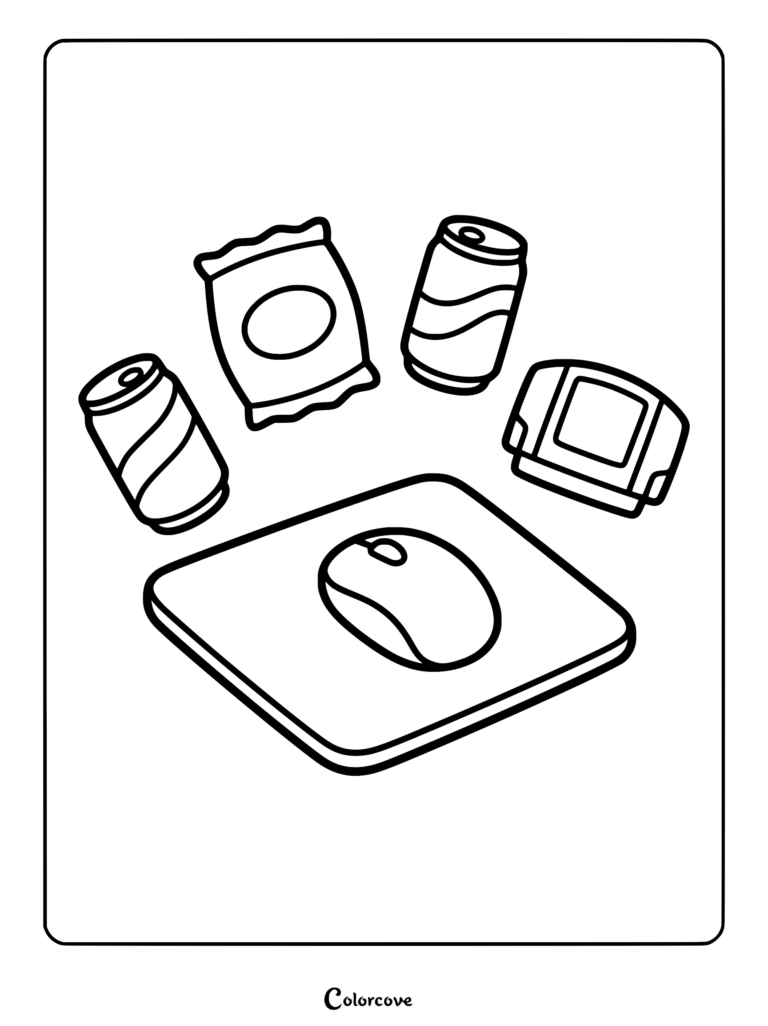 Cozy gamer aesthetic coloring page featuring a computer mouse on a pad, two soda cans, a snack bag, and a retro game cartridge.