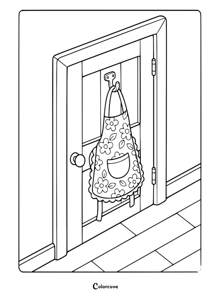 A cozy kitchen coloring page featuring a floral patterned apron with a pocket hanging from a hook on a wooden door.