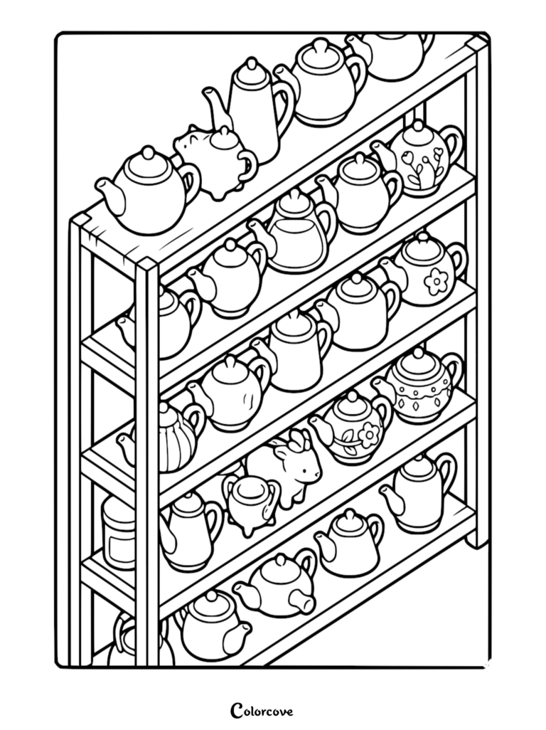 A detailed coloring page featuring a wooden shelf filled with various ceramic teapots and a small rabbit figurine.