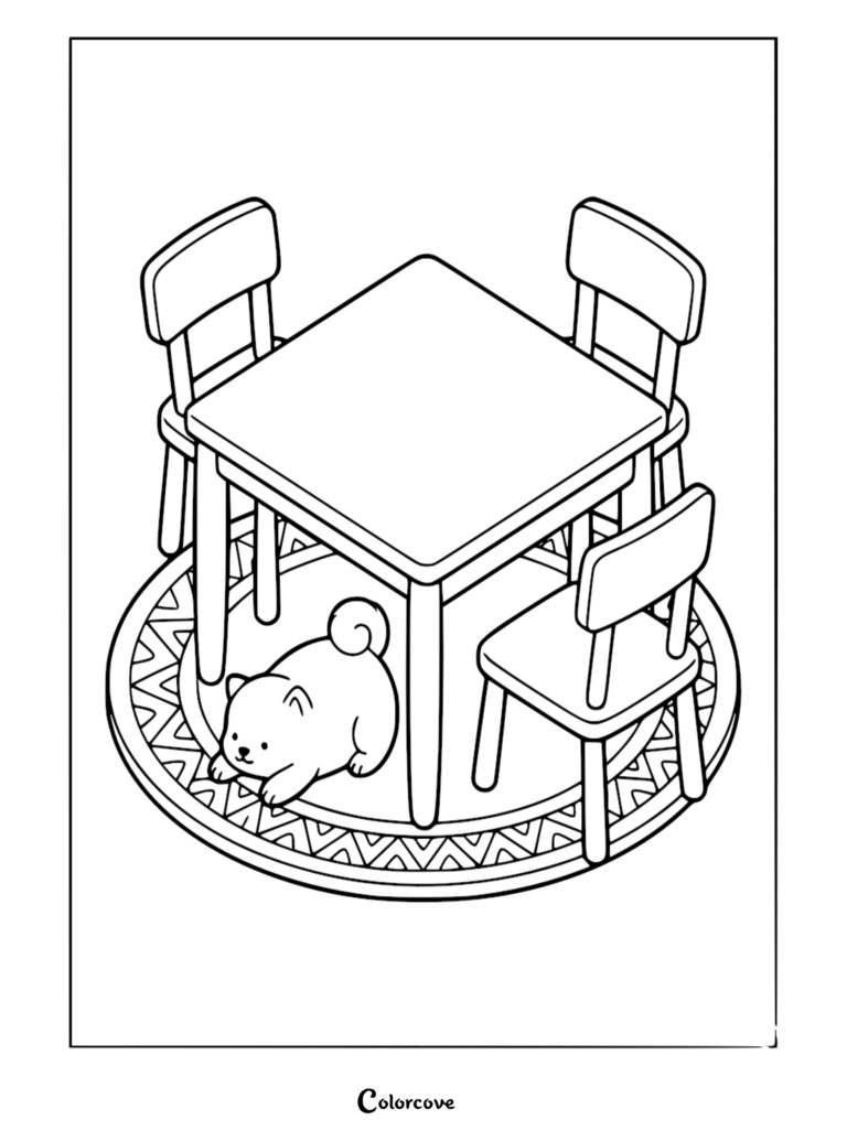 A cute puppy resting on a patterned circular rug under a wooden dining table with three chairs, line art coloring page.